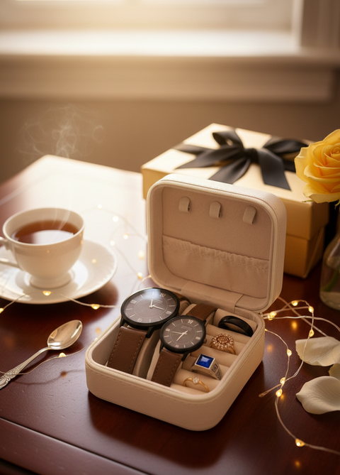 Luxury Couple Watch & Rings Gift Set with Elegant Jewelry Box ⌚💍