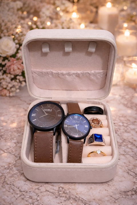Luxury Couple Watch & Rings Gift Set with Elegant Jewelry Box ⌚💍